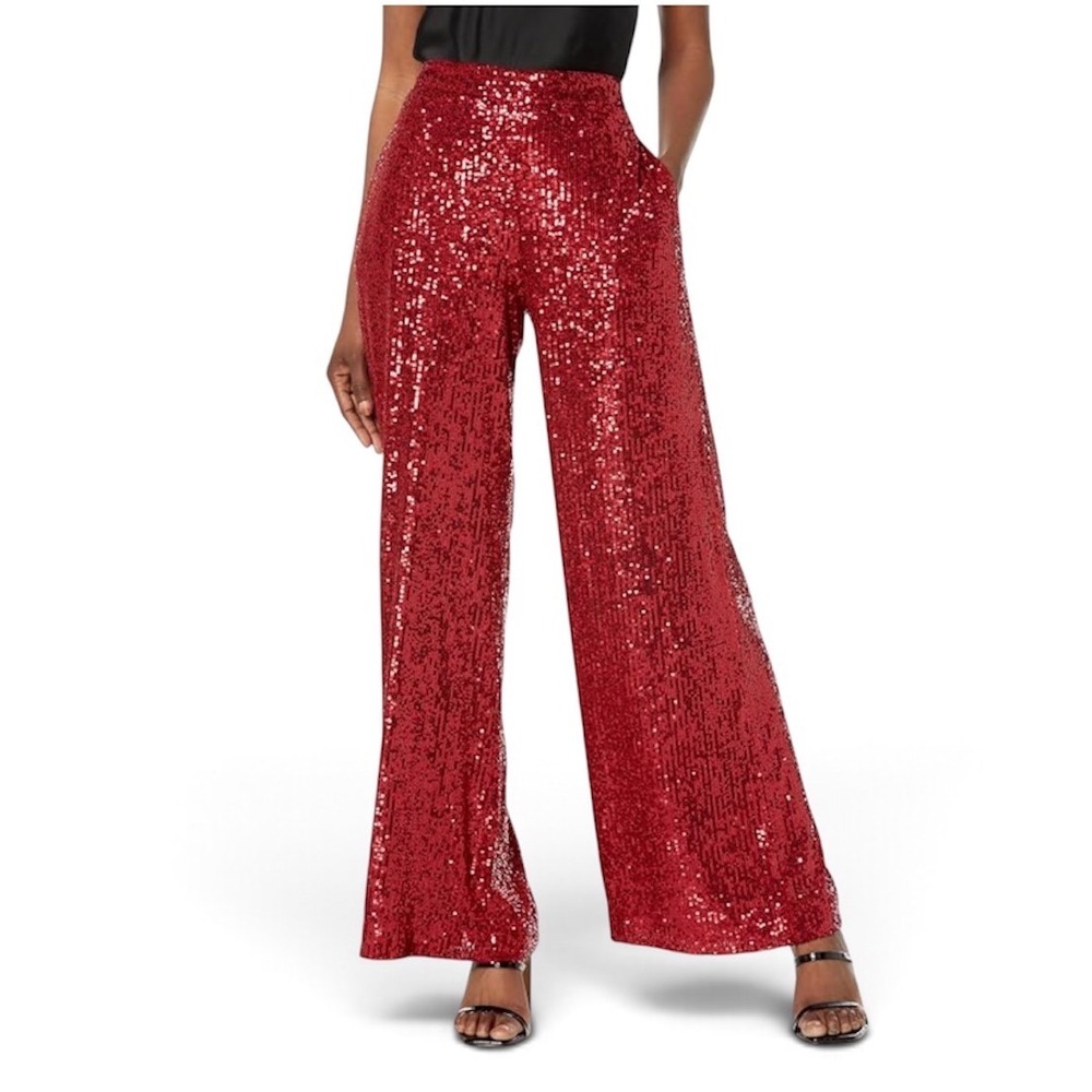 TRINA TURK Atarashii Red Sequin Wide Leg Pants